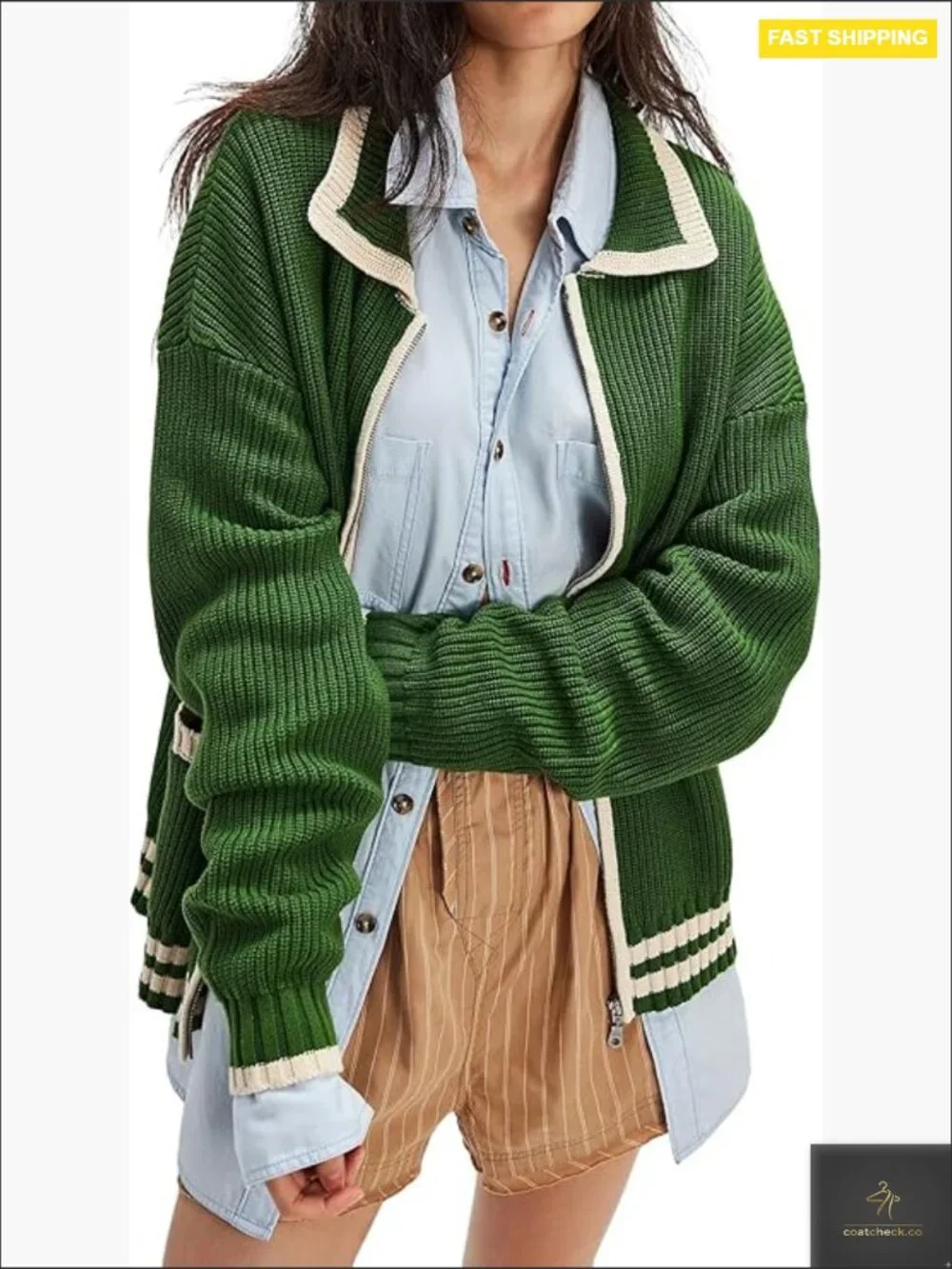 Oversized Zip Up Cardigan Sweater Women Casual Knit Outerwear Contrast Trim - Picture 1 of 7